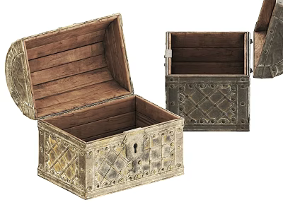 Vintage Wooden Chests With Carved Details Open Lid And Interior Wood Finish 3d model