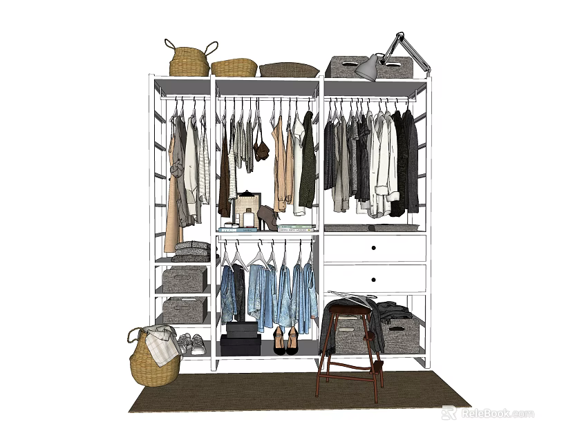 Organized Wardrobe Interior Design With Hanging Clothes Storage Baskets Drawers And Shoes 3d model 