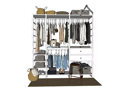 Organized Wardrobe Interior Design With Hanging Clothes Storage Baskets Drawers And Shoes 3d model
