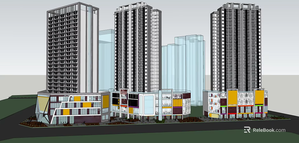 Modern Urban Commercial Complex With High Rise Buildings And Colorful Facades 3d model 