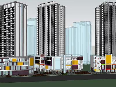 Modern Urban Commercial Complex With High Rise Buildings And Colorful Facades 3d model