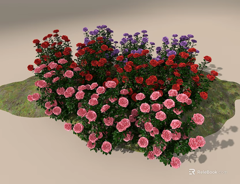 Vibrant Red Purple Pink Flowers With Dense Growth On Green Lush Garden Base 3d model 