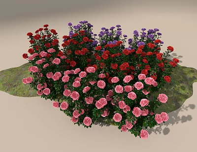 Vibrant Red Purple Pink Flowers With Dense Growth On Green Lush Garden Base 3d model