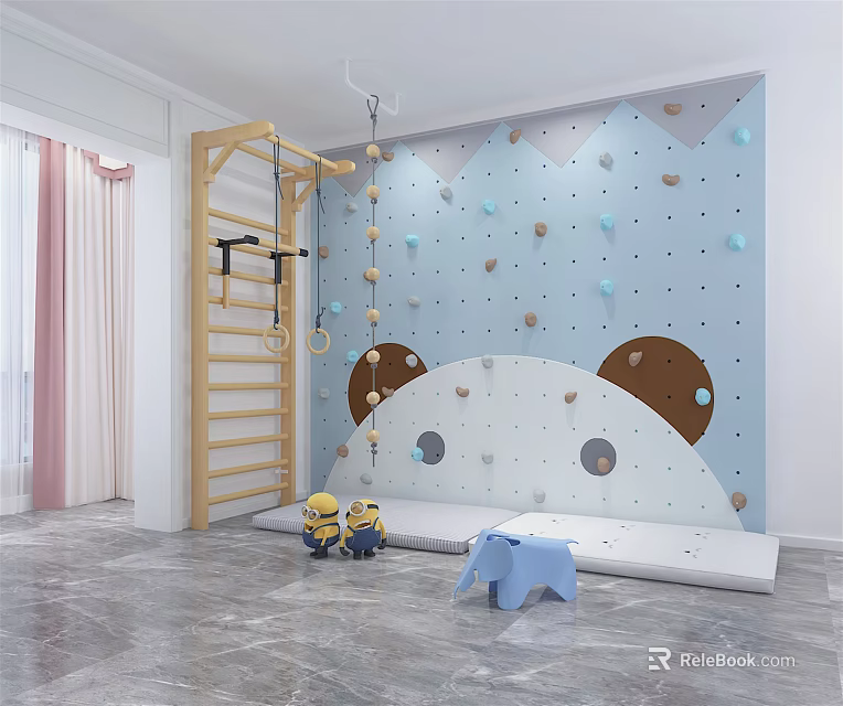 Indoor Kids Sports Equipment With Climbing Wall Wooden Frame And Safety Mats 3d model 