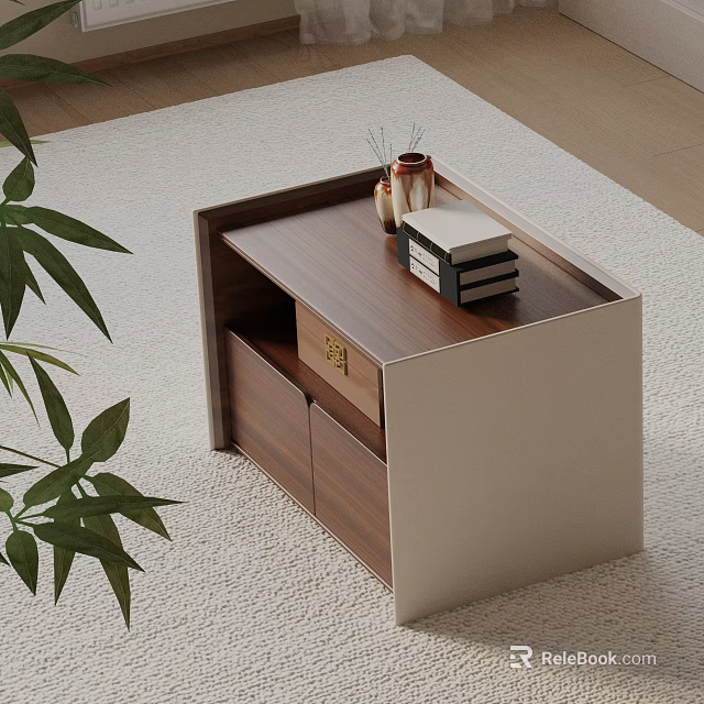 Modern Wooden Bedside Table With Drawers And Decorative Books Vase On Top 3d model 