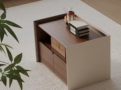 Modern Wooden Bedside Table With Drawers And Decorative Books Vase On Top 3d model