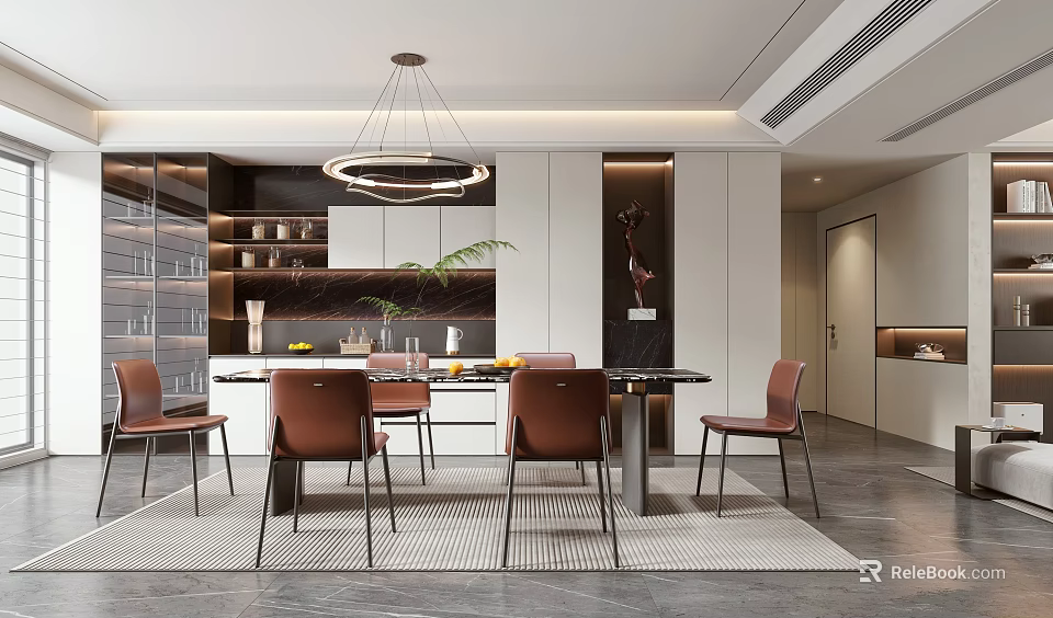 Modern Restaurant Interior With Black Dining Table Brown Chairs And Round Pendant Light 3d model