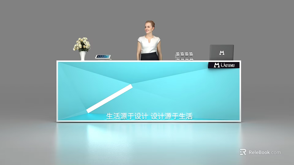 Modern Blue Geometric Design Linviqi Reception Desk With White Flower Vase And Tablet 3d model 
