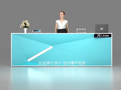 Modern Blue Geometric Design Linviqi Reception Desk With White Flower Vase And Tablet 3d model
