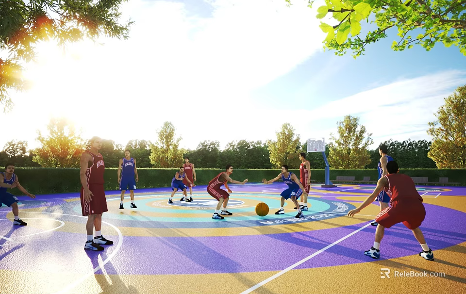 Outdoor Basketball Court With People Playing Basketball On Colorful Surface Surrounded By Trees And Sunlight 3d model 