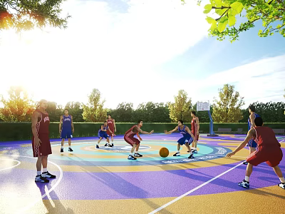 Outdoor Basketball Court With People Playing Basketball On Colorful Surface Surrounded By Trees And Sunlight 3d model