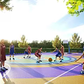 Outdoor Basketball Court With People Playing Basketball On Colorful Surface Surrounded By Trees And Sunlight