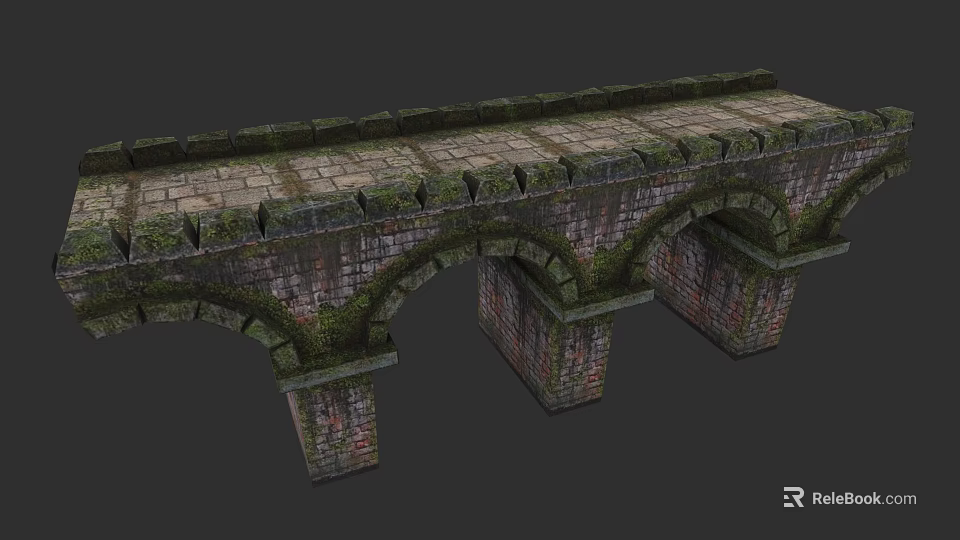 Garden Landscape Arched Stone Bridge With Moss Covered Bricks And Structure 3d model 