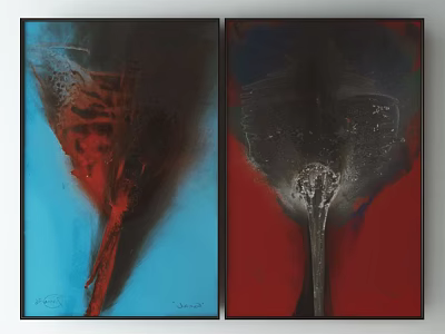 Two Abstract Paintings With Blue Red Backgrounds Framed Modern Art Design 3d model