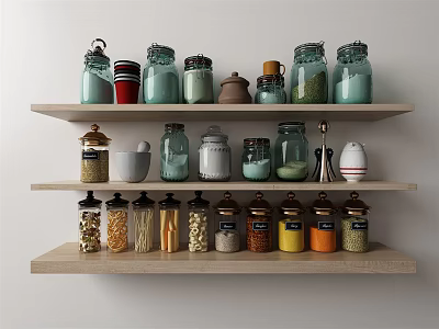 Various Glass Spice Jars Arranged On Kitchen Wooden Shelves For Organized Storage 3d model