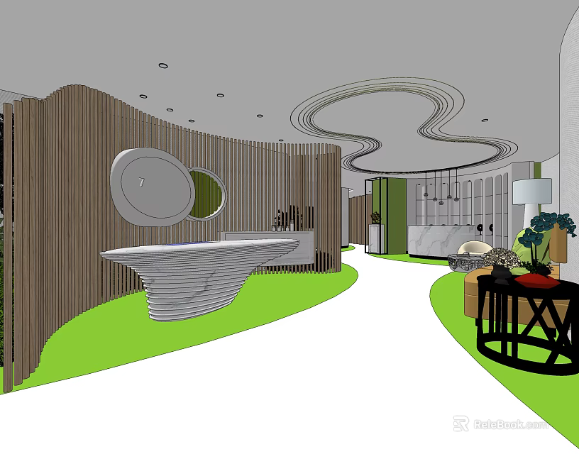 Modern Storefront Reception Desk With Curved Wooden Wall Green Flooring And Circular Decor 3d model 