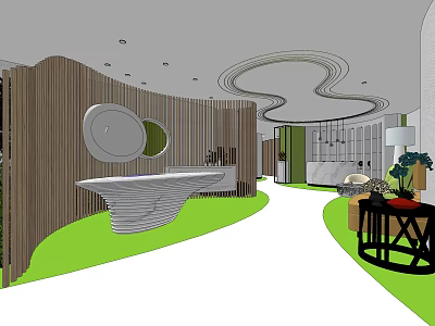 Modern Storefront Reception Desk With Curved Wooden Wall Green Flooring And Circular Decor 3d model