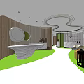 Modern Storefront Reception Desk With Curved Wooden Wall Green Flooring And Circular Decor