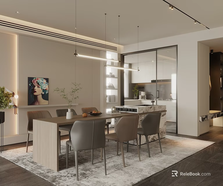 Modern Restaurant Interior With Dining Table Gray Chairs Open Kitchen Pendant Lights And Wall Art 3d model 