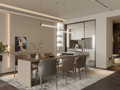 Modern Restaurant Interior With Dining Table Gray Chairs Open Kitchen Pendant Lights And Wall Art 3d model