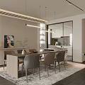 Modern Restaurant Interior With Dining Table Gray Chairs Open Kitchen Pendant Lights And Wall Art