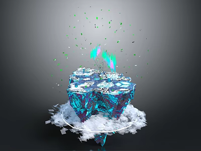 Cartoon Scene Blue Ice Block With Green And Blue Flames White Clouds Splashing Fragments 3d model