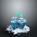 Cartoon Scene Blue Ice Block With Green And Blue Flames White Clouds Splashing Fragments