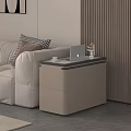 Modern Beige Entryway Side Cabinet Beside White Sofa With Laptop And Decor Items Wooden Wall