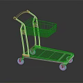 Metal Shopping Cart With Wire Basket And Four Wheels On Reflective Surface