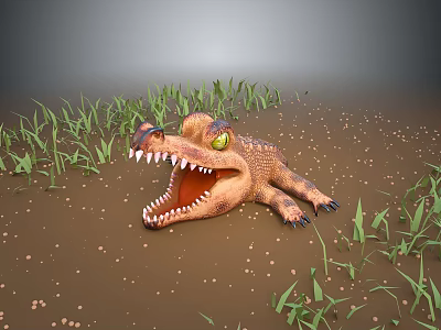 Cartoon Reptile Crocodile With Open Mouth Sharp Teeth On Muddy Ground And Green Grass 3d model