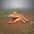 Cartoon Reptile Crocodile With Open Mouth Sharp Teeth On Muddy Ground And Green Grass