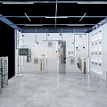 Modern Retail Clothing Display Interior With Hanging Apparel White Shelves And Mirrors