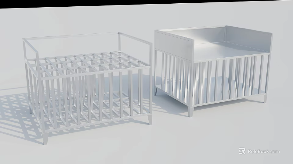 Two White Metal Baby Cribs With Simple Design And Railed Structure 3d model 
