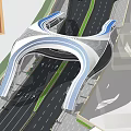 Modern Arch Bridge Design Over Roadway With Urban Green Belts And Pedestrian Paths