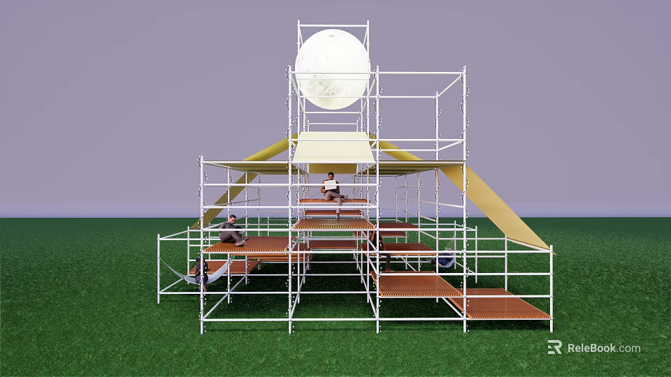 Scenic Photo Spot With Scaffolding Structure Multi Level Platforms And Moon Decoration On Green Grass 3d model 