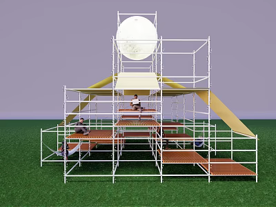Scenic Photo Spot With Scaffolding Structure Multi Level Platforms And Moon Decoration On Green Grass 3d model