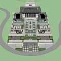 Traditional Modern Public Building Exterior With Symmetric Design Statues Wide Steps And Red Gate