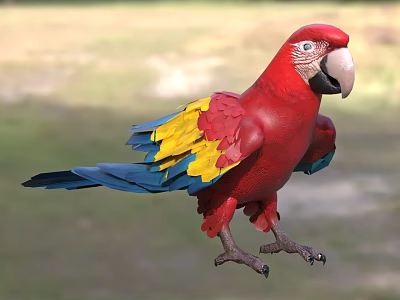 Vibrant Red Parrot With Yellow And Blue Wings Standing On Green Grass 3d model