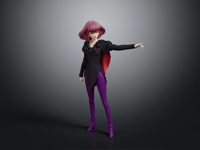 Child With Pink Hair In Black Top Red Cape Purple Pants Standing On Gray Background 3d model