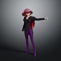 Child With Pink Hair In Black Top Red Cape Purple Pants Standing On Gray Background