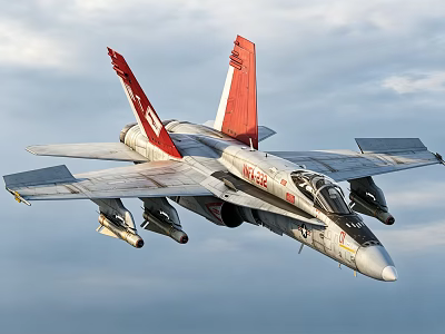 Gray Military Fighter Jet With Red Tail And Missiles Flying In Cloudy Sky 3d model