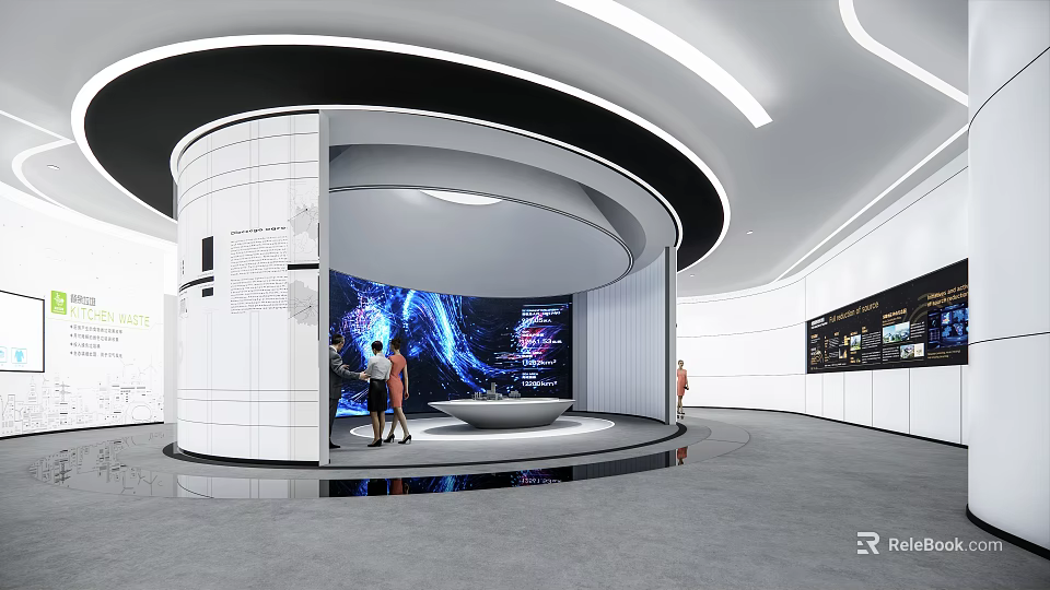 Modern Exhibition Hall With Curved Structure Digital Screen And Visitors 3d model 