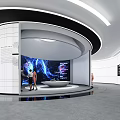 Modern Exhibition Hall With Curved Structure Digital Screen And Visitors