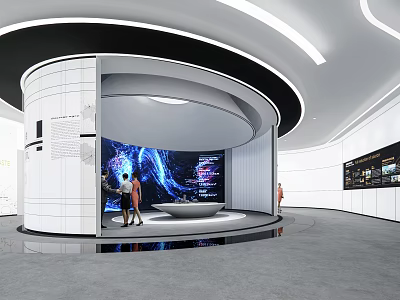 Modern Exhibition Hall With Curved Structure Digital Screen And Visitors 3d model