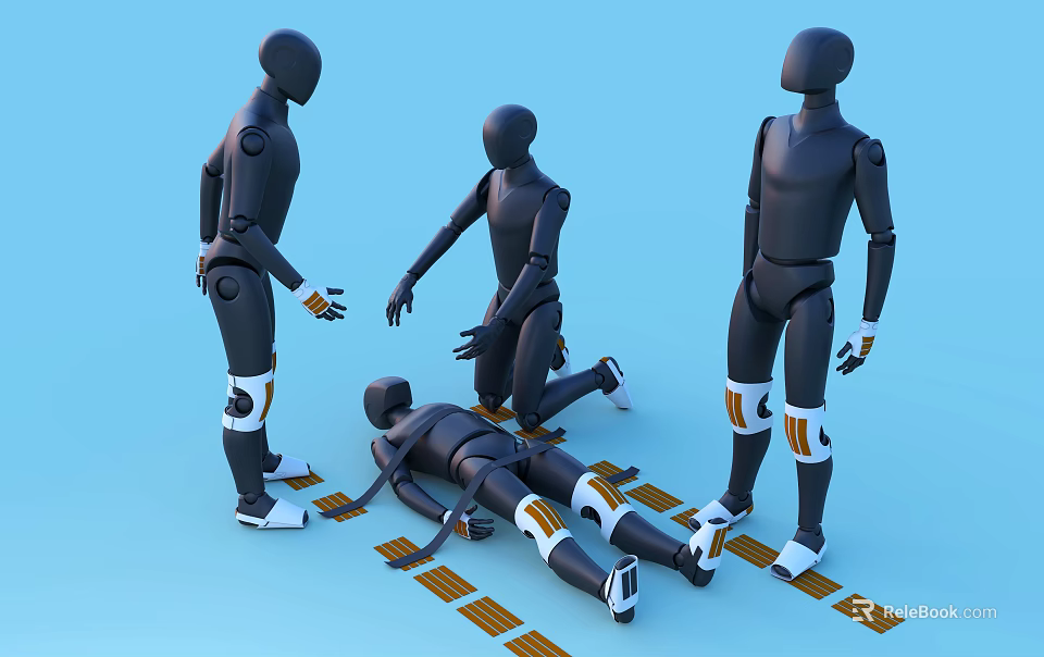 Group Of Men Standing Kneeling And Lying On Ground With Yellow Strips 3d model 