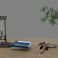 Wooden Desk Setup With Stone Vase Green Plant Books And Brush Holder