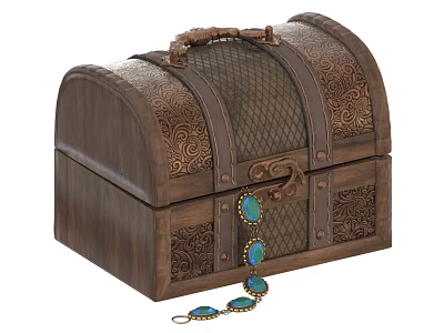 Vintage Wooden Ornate Chest With Carved Patterns Handle And Blue Gemstone Chain 3d model