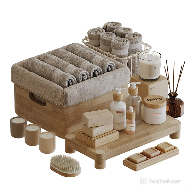 Eco Friendly Bath and Body Essentials with Towels Soap Candles Oil Bottles and Brush 3d model 
