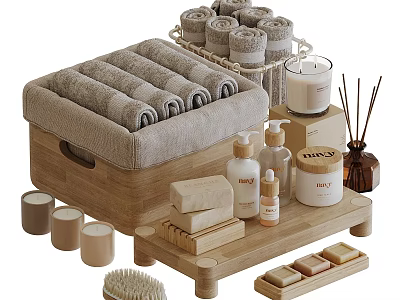 Eco Friendly Bath and Body Essentials with Towels Soap Candles Oil Bottles and Brush 3d model