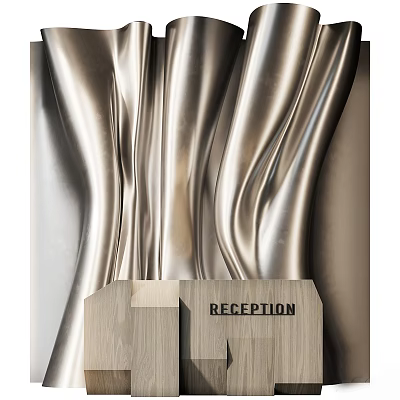 Modern Wooden Reception Desk With Silver Wavy Background And Sleek Interior Design 3d model